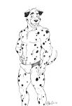 2010 anthro arthurfox black_and_white canid canine canis clothed clothing dalmatian domestic_dog erection_in_speedo jason_(rapture-) male mammal markings monochrome open_mouth signature simple_background smile solo speedo speedo_only spots spotted_markings swimwear swimwear_only topless white_background