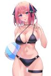  1girl :p ass_visible_through_thighs ball bare_shoulders beachball bikini black_bikini black_ribbon blue_eyes blunt_bangs blush bob_cut breasts butterfly_hair_ornament cleavage closed_mouth clothes_pull collarbone commentary_request go-toubun_no_hanayome hair_ornament hair_ribbon highres holding holding_ball holding_beachball large_breasts looking_at_viewer midriff nakano_nino navel o-ring o-ring_bikini o-ring_bottom pink_hair ribbon sidelocks simple_background skindentation solo standing stomach string_bikini swimsuit thigh_strap thighs tongue tongue_out two_side_up uyufuzi_s white_background 