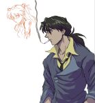  1boy 1girl amondetauro beard cigarette cosplay cowboy_bebop doodles facial_hair kaji_ryouji necktie neon_genesis_evangelion shirt simple_background smoking souryuu_asuka_langley spike_spiegel spike_spiegel_(cosplay) voice_actor_connection white_background yellow_shirt 