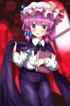  1girl alternate_hair_length alternate_hairstyle black_cape black_pants blue_bow blurry blurry_background blush book bow cape collared_shirt commentary_request cosplay hair_bow hat highres holding holding_book long_sleeves looking_at_viewer medium_hair mob_cap open_mouth pants patchouli_knowledge purple_eyes red_background red_bow ruu_(tksymkw) shirt sidelocks solo sweat touhou white_shirt wriggle_nightbug wriggle_nightbug_(cosplay) 