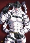  1boy abs absurdres animal_ears bara black_gloves black_headwear bondage_outfit bulge crotch_grab dislyte dominator_(bdsm) furry furry_male gloves hat highres holding holding_whip jin_qiu_(ru_shou)_(dislyte) large_pectorals leg_belt licking_lips looking_at_viewer male_focus mature_male muscular muscular_male navel navel_hair nipples pectorals police_hat solo stomach sunglasses tail tiger_boy tiger_ears tiger_tail tongue tongue_out toraxd_(consyn12216) white_fur 