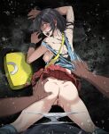  1girl ass ass_grab black_hair blue_shirt blush breasts censored clothes_lift dark-skinned_male dark_skin grey_eyes highres imminent_penetration imminent_rape imminent_vaginal leaf_(pokemon) long_hair looking_back medium_breasts messy_hair miniskirt mosaic_censoring nipples open_mouth panties panty_pull pleated_skirt pokemon pokemon_frlg pov pussy red_skirt shirt skirt skirt_lift sleeveless sleeveless_shirt straight_hair tears torn_clothes torn_shirt tsukishiro_saika underwear white_panties wristband 