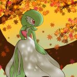  1girl arm_at_side autumn autumn_leaves bob_cut closed_mouth colored_skin commentary_request dappled_sunlight flat_chest full_body gardevoir green_skin hair_over_one_eye hand_up happy highres in_tree legs_together looking_to_the_side monya multicolored_skin one_eye_covered outdoors pokemon pokemon_(creature) red_eyes red_hair short_hair sitting smile solo sunlight tree two-tone_skin white_skin 