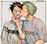  2boys biting black_eyes black_hair cheek_biting closed_eyes couple earrings green_hair grey_background grey_shirt hands_on_another&#039;s_face highres jewelry long_sleeves male_focus monkey_d._luffy multiple_boys nsozp one_piece open_mouth print_shirt profile roronoa_zoro scar scar_on_cheek scar_on_face shirt short_hair sideburns simple_background single_earring upper_body yaoi 