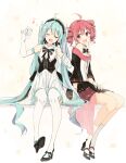  2girls :d ahoge aqua_hair black_bow black_bowtie black_footwear black_skirt blush bow bowtie closed_eyes commentary detached_sleeves dress drill_hair elbow_gloves full_body gloves hatsune_miku high_heels invisible_chair kasane_teto looking_at_another miku_symphony_(vocaloid) multiple_girls musical_note open_mouth red_eyes red_hair shiina_kuro simple_background sitting skirt smile symbol-only_commentary thighhighs twin_drills twintails vocaloid white_background white_dress white_gloves white_thighhighs 