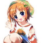  1girl apple_hair_ornament beanie blue_eyes blush_stickers food-themed_hair_ornament frog_hair_ornament green_headwear hair_ornament hat onlinepetclub open_mouth orange_hair pumpkin short_hair sitting smile suigetsu waving white_background yamato_suzuran 