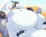 3_toes 4_fingers ambiguous_gender anthro aviator_cap belly big_belly blue_body blue_fur clothing dragon feet fingers fur furred_dragon gloves handwear hi_res huge_belly legendz lying obese obese_anthro overweight overweight_anthro shiron solo taka_fin9623 toes white_body white_fur wings