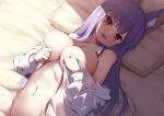  1girl :d animal_ear_fluff animal_ears bare_shoulders bed_sheet blush bottomless breasts collarbone covering_breasts covering_privates fox_ears fox_girl from_above highres hoppege indie_virtual_youtuber indoors kamishiro_natsume kitsune large_breasts long_hair looking_at_viewer lying naked_shirt navel no_bra on_back on_bed open_clothes open_mouth open_shirt pillow purple_hair red_eyes shirt smile solo stomach sweat virtual_youtuber white_shirt 
