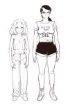  2girls absurdres camisole chudjak coomer_(meme) full_body glasses greyscale height_difference highres meme messy_hair midriff monochrome mossacannibalis multiple_girls navel original pants shirt shorts standing 