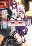  2girls absurdres bdsm bondage book bookshelf bound breasts cosplay drop_earrings earrings fern_(sousou_no_frieren) fern_(sousou_no_frieren)_(cosplay) frieren grey_hair hairband hie_(hiememiko) hiememiko highres jewelry large_breasts latex multiple_girls original pasties pointy_ears purple_eyes purple_hair restrained sousou_no_frieren staff translated twintails yellow_eyes 