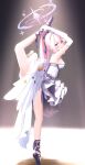 1girl absurdres ballet blue_archive breasts daran9 dress full_body halo highres legs long_hair medium_breasts mika_(blue_archive) pink_hair pink_halo solo white_dress yellow_eyes 