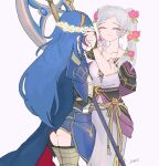  2girls armor axe blue_hair cape closed_eyes closed_mouth dress fire_emblem fire_emblem_awakening fire_emblem_heroes flower grey_hair hair_flower hair_ornament highres holding holding_axe long_hair lucina_(fate&#039;s_resolve)_(fire_emblem) lucina_(fire_emblem) multiple_girls official_alternate_costume robin_(female)_(fire_emblem) robin_(female)_(valentine)_(fire_emblem) robin_(fire_emblem) sasaki_(dkenpisss) shoulder_armor tiara twintails white_background white_dress 