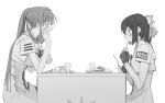  2girls ahoge aino_ai aria_(manga) aria_company_uniform character_request cup cutlery drinking_glass food fork greyscale holding holding_fork holding_knife knife long_hair mizunashi_akari monochrome multiple_girls plate simple_background sitting suiso_(owp) table table_knife 