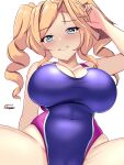  1girl blonde_hair blue_eyes blush breasts competition_swimsuit covered_navel dated drill_hair highres honolulu_(kancolle) kantai_collection large_breasts long_hair looking_at_viewer montemasa one-hour_drawing_challenge one-piece_swimsuit pink_one-piece_swimsuit purple_one-piece_swimsuit simple_background sitting smile solo spread_legs swimsuit twin_drills twintails twitter_username two-tone_swimsuit white_background 