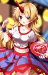  1girl :d alcohol blonde_hair blue_skirt blurry blurry_background blush breasts collarbone commentary_request cup highres holding holding_cup horns hoshiguma_yuugi long_hair looking_at_viewer navel oni_horns open_mouth red_eyes red_horns ruu_(tksymkw) sakazuki shirt single_horn skirt smile solo star_(symbol) star_print touhou white_shirt 