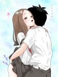  1boy 1girl absurdres ass_grab belt black_hair brown_eyes brown_hair clothes_lift couple grey_pants grey_sailor_collar grey_skirt half-closed_eyes hands_on_another&#039;s_shoulders hetero highres karakai_jouzu_no_takagi-san long_hair miniskirt nishikata open_mouth pants parted_bangs pleated_skirt sailor_collar sailor_shirt school_uniform serafuku shirt short_hair short_sleeves skirt skirt_lift standing straight_hair takagi-san user_datj4345 white_belt white_shirt 