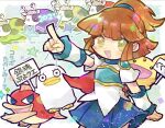  1girl 2021 arle_nadja armor blue_skirt breastplate brown_eyes brown_hair cape carbuncle_(puyopuyo) confetti cow doradorakingyo elizabeth_(gintama) facial_mark forehead_jewel gintama holding holding_sign open_mouth outstretched_arm pointing ponytail puyopuyo puyopuyo_quest red_cape shirt shoulder_armor sign skirt star_(symbol) star_in_mouth suketoudara translation_request umiushi_(puyopuyo) whisker_markings white_shirt white_wristband 