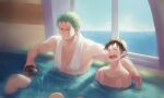  2boys absurdres arm_around_neck black_eyes black_hair blue_skin closed_eyes colored_skin couple cup earrings feet_out_of_frame green_hair height_difference highres holding holding_cup indoors jewelry looking_at_another lu_xiaozhu male_focus monkey_d._luffy multiple_boys nose_bubble nude ocean one_eye_closed one_piece open_mouth partially_submerged pool roronoa_zoro scar scar_across_eye scar_on_cheek scar_on_chest scar_on_face short_hair sideburns single_earring sitting sleeping smile toned toned_male towel towel_around_neck white_towel window yaoi 