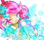  1girl ahoge ball beachball blue_eyes blue_flower blue_nails dated doradorakingyo earrings flower hair_flower hair_ornament hibiscus jewelry looking_at_viewer one_eye_closed open_mouth pink_hair puyopuyo puyopuyo_fever raffina_(puyopuyo) solo splashing twitter_username water 