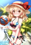  1girl american_flag_bikini bikini blonde_hair blush breasts cleavage closed_mouth commentary_request flag_print hat hat_ribbon highres holding_own_arm kana_anaberal looking_at_viewer medium_breasts medium_hair orange_eyes palm_tree red_ribbon ribbon road_sign ruu_(tksymkw) sign smile solo star_(symbol) star_print swimsuit touhou touhou_(pc-98) tree 