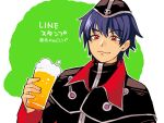  1boy 8warebw :3 alcohol beer beer_mug black_headwear black_jacket black_shirt blue_hair border chrono_cross closed_mouth cup dark_serge_(chrono_cross) green_background hair_between_eyes holding holding_cup jacket light_blush long_sleeves looking_at_viewer male_focus mug red_eyes shirt short_hair slit_pupils solo turtleneck upper_body white_border 