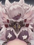  1boy 1girl animal_ears black_sclera blush body_fur breast_press breasts bunyip_(monster_girl_encyclopedia) colored_sclera colored_skin diagonal_bangs fangs fluffy highres lamia large_breasts looking_at_viewer monster_girl monster_girl_encyclopedia open_mouth smile solo_focus sweat white_hair yellow_eyes yonaga_san 