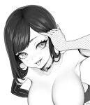  1girl armpits asymmetrical_gloves blush brassica breasts choker cleavage close-up collarbone commission elbow_gloves fishnet_gloves fishnets gloves greyscale heart heart_choker large_breasts long_eyelashes long_hair mismatched_gloves monochrome original short_shorts shorts solo tongue topless 
