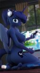 3d_(artwork) anthro barefoot blue_body blue_eyes blue_hair breasts butt cutie_mark digital_media_(artwork) domino&#039;s_pizza electronics epic_games equid equine feet female fortnite foxventus friendship_is_magic gamer_princess_luna hair hasbro headphones hi_res horn horse inside kneeling looking_at_viewer mammal my_little_pony nipples pony ponytail princess_luna_(mlp) ps5_controller smile solo tail television unicorn_horn winged_unicorn wings