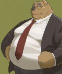 2023 absurd_res anthro bear belly big_belly black_nose bottomwear brown_body clothing eyewear glasses hi_res kemono male mammal mature_male necktie o_miso_n overweight overweight_male pants shirt simple_background solo topwear