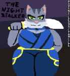 anthro asuri_(brawlhalla) bengal_tiger big_breasts blue_clothing breasts clothing curvy_figure digital_media_(artwork) eyeliner felid feline female front_view fur green_eyes grey_body grey_fur holding_object holding_sword holding_weapon makeup mammal melee_weapon pantherine pixel_(artwork) pointless_circle solo sword text thick_thighs tiger voluptuous weapon