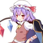  1girl absurdres alternate_hair_color black_coat bow bowtie coat commentary_request crystal flandre_scarlet flandre_scarlet_(vampire_pursuing_the_hunter) hat hat_ribbon highres hikuchi_riku looking_at_viewer mob_cap one_side_up pointy_ears purple_hair red_eyes red_ribbon ribbon short_hair simple_background solo touhou touhou_lost_word upper_body white_background white_headwear wings yellow_bow yellow_bowtie 