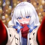  1girl alternate_costume azur_lane blue_eyes blue_flower blue_sweater blurry blurry_background blush coat flower fur-trimmed_coat fur_trim gzanth hair_flower hair_ornament illustrious_(azur_lane) long_hair long_sleeves looking_at_viewer open_clothes open_coat pov red_scarf scarf solo sweater white_hair 