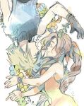  1boy 1girl aerith_gainsborough bare_shoulders black_gloves blonde_hair blue_shirt braid braided_ponytail breasts brown_hair closed_eyes cloud_strife couple dress final_fantasy final_fantasy_vii final_fantasy_vii_remake flower genpai39 gloves hair_ribbon hetero highres long_hair looking_at_another medium_breasts parted_bangs pink_dress pink_ribbon profile ribbon shirt short_hair single_braid sleeveless sleeveless_turtleneck spiked_hair turtleneck upper_body watercolor_effect wavy_hair white_background yellow_flower yin_yang 
