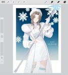  1girl aerith_gainsborough aerith_gainsborough_(fairy_of_snowfall) aqua_socks boots border breasts brown_hair character_name clothing_cutout coat cowboy_shot dress final_fantasy final_fantasy_vii final_fantasy_vii_ever_crisis final_fantasy_vii_remake fingerless_gloves fur-trimmed_coat fur_trim garter_straps gloves gradient_background green_eyes halter_dress halterneck highres holding holding_staff knit_sweater long_coat long_hair long_sleeves medium_breasts official_alternate_costume one_eye_closed parted_bangs pom_pom_(clothes) short_dress sidelocks single_garter_strap sleeveless sleeveless_dress smile snowflakes socks solo staff sweater wavy_hair white_border white_coat white_footwear white_gloves white_headwear white_sweater winter_clothes winter_coat xianyu314 