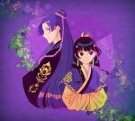  absurdres back-to-back beads chinese_clothes clover_background earrings freckles hair_beads hair_ornament highres jewelry jinshi_(kusuriya_no_hitorigoto) kusuriya_no_hitorigoto maomao_(kusuriya_no_hitorigoto) purple_background purple_hair ribbon 
