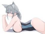  1girl absurdres animal_ear_fluff animal_ears ass blue_archive blush breasts competition_swimsuit extra_ears grey_hair highres interlocked_fingers large_breasts looking_at_viewer looking_to_the_side lying mismatched_pupils official_alternate_costume on_stomach one-piece_swimsuit own_hands_together ponytail shiroko_(blue_archive) shiroko_(swimsuit)_(blue_archive) sideboob sidelocks simple_background solo swimsuit terano_naa two-tone_one-piece_swimsuit white_background wolf_ears 
