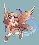  1girl ;d absurdres aqua_eyes bare_shoulders bird_wings blonde_hair breasts bright_pupils brown_dress brown_footwear brown_sleeves cleavage collarbone detached_sleeves dress feathered_wings full_body goggles goggles_on_headwear highres long_hair long_sleeves medium_breasts morizo_(morizoshop) multicolored_hair one_eye_closed open_mouth personification pidgeot pilot_helmet pink_hair pokemon short_dress smile solo strapless strapless_dress two-tone_hair very_long_hair white_pupils wings 