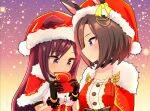  2girls air_groove_(are_you_merry?)_(umamusume) air_groove_(umamusume) animal_ears arm_strap black_choker black_gloves breasts brown_hair capelet choker commentary_request dress ear_ornament ears_down ears_through_headwear fur-trimmed_capelet fur-trimmed_dress fur_trim gloves highres horse_ears horse_girl long_hair medium_breasts mejiro_dober_(umamusume) multiple_girls official_alternate_costume official_alternate_hairstyle purple_eyes short_hair snowing umamusume upper_body whitelily_bread 