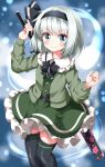  1girl adapted_costume aqua_eyes belt black_hairband black_headwear black_thighhighs blurry blurry_background closed_mouth commentary_request dress feet_out_of_frame frilled_skirt frills ghost green_dress green_skirt grey_hair grey_sweater hairband highres konpaku_youmu konpaku_youmu_(ghost) looking_at_viewer ruu_(tksymkw) short_hair skirt smile solo sweater sword sword_behind_back thighhighs touhou v-shaped_eyebrows weapon 