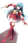  1girl aqua_eyes aqua_hair armor boots bracelet breastplate earrings eirika_(fire_emblem) fingerless_gloves fire_emblem fire_emblem:_the_sacred_stones full_body gloves hair_between_eyes highres holding holding_sword holding_weapon jewelry long_hair looking_at_viewer minamonochaba parted_lips red_footwear red_gloves red_shirt shirt shoulder_armor sidelocks skirt solo sword thigh_boots weapon white_background white_skirt 