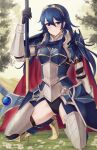 1girl armor axe black_leotard blue_cape blue_eyes blue_hair breastplate cape closed_mouth doiparuni english_commentary faulds fire_emblem fire_emblem_awakening fire_emblem_heroes highres holding holding_axe leotard long_hair looking_at_viewer lucina_(fate&#039;s_resolve)_(fire_emblem) lucina_(fire_emblem) no_pants official_alternate_costume outdoors red_cape smile solo symbol_in_eye tiara 