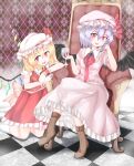  2girls argyle argyle_background ascot back_bow blonde_hair blue_brooch boots bow breasts brooch brown_footwear chair checkered_floor collared_shirt cup drinking_glass feet_out_of_frame flandre_scarlet frilled_shirt frilled_shirt_collar frilled_skirt frills full_body hair_between_eyes hat hat_ribbon head_tilt highres holding holding_cup jewelry large_bow looking_at_viewer mob_cap multiple_girls on_chair open_mouth pink_bow pink_headwear pink_shirt pink_skirt pointy_ears puffy_short_sleeves puffy_sleeves purple_hair red_eyes red_ribbon red_skirt red_vest remilia_scarlet ribbon shirt short_sleeves siblings sisters sitting skirt small_breasts socks touhou vest white_headwear white_shirt white_socks wine_glass wings wrist_cuffs yellow_ascot yossy_(yossy1130) 