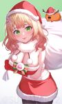  1girl :3 :p bare_shoulders bell blonde_hair blunt_bangs blush bob_cut box breasts christmas cleavage commentary_request cowboy_shot dress flower fur-trimmed_dress fur-trimmed_headwear fur_trim gift gift_box gloves green_eyes hair_flower hair_ornament hat highres holding hololive large_breasts long_hair looking_at_viewer medium_hair momosuzu_nene neck_bell pantyhose red_gloves red_headwear sack santa_costume santa_hat smile solo suicabar72 tongue tongue_out virtual_youtuber 