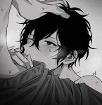  2boys absurdres black_hair blush cum cum_in_mouth given greyscale hand_in_another&#039;s_hair highres kaji_akihiko looking_up male_focus messy_hair monochrome motion_lines multiple_boys murata_ugetsu nude one_eye_closed oral pinoli_(pinoli66) short_hair sound_effects sweatdrop yaoi 