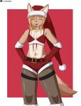 2023 ambiguous_gender anthro belly belt blonde_hair blush bottomwear canid canine cel_shading chest_tuft christmas christmas_clothing christmas_headwear clothed clothing costume digital_media_(artwork) english_text eyes_closed fennec flat_chested flyingtrace fox freckles freckles_on_face fur hair happy hat headgear headwear hi_res holidays hotpants legwear mammal midriff multicolored_body multicolored_fur navel open_mouth pants pantyhose santa_costume santa_hat shaded shorts signature simple_background smile solo tail tan_body tan_fur text topwear tuft url yazz_(flyingtrace)