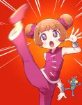  1girl bare_shoulders blush brown_eyes brown_hair cicada_(warioware) commentary_request double_bun emphasis_lines hair_bun high_kick highres kicking leg_up mike_(warioware) motion_blur open_mouth pants purple_footwear purple_pants purple_shirt red_background robot sakurabe_notos shirt shoe_soles shoes sleeveless sleeveless_shirt solo_focus standing standing_on_one_leg v-shaped_eyebrows warioware 