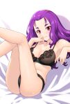  1girl absurdres black_bra black_panties bra breasts closed_mouth commentary_request highres kazuma_muramasa kibou_no_chikara_~otona_precure_&#039;23~ legs long_hair looking_at_viewer lying medium_breasts mimino_kurumi on_back panties precure purple_hair red_eyes solo thighs underwear underwear_only yes!_precure_5 