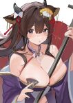  absurdres animal_ears azur_lane bachi bare_shoulders between_breasts breasts brown_hair cleavage cow_ears cow_girl cow_horns fan_hair_ornament highres holding holding_instrument horns huge_breasts instrument japanese_clothes kashino_(azur_lane) kashino_(robust_floral_strings)_(azur_lane) kimono large_breasts long_hair low_neckline official_alternate_costume plectrum purple_kimono shamisen yuhezi 