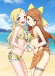  alternate_hairstyle beach bikini blonde_hair bracelet breast_press breasts cloud cloudy_sky corset etie_(fire_emblem) fire_emblem fire_emblem_awakening fire_emblem_engage frilled_bikini frills grey_eyes highres holding_hands igni_tion jewelry lissa_(fire_emblem) long_hair looking_at_viewer medium_breasts ocean open_mouth orange_hair sky small_breasts swept_bangs swimsuit teeth thigh_strap upper_teeth_only water 