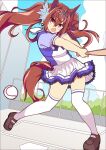  1girl animal_ears baseball baseball_bat blue_sky brown_footwear cloud cloudy_sky commentary_request daiwa_scarlet_(umamusume) highres horse_ears horse_girl horse_tail loafers looking_at_viewer outdoors petticoat pleated_skirt purple_shirt red_eyes red_hair school_uniform shirt shoes skirt sky solo summer_uniform swinging tail thighhighs tiara tracen_school_uniform umamusume wahiko_(black_bastard) white_skirt white_thighhighs 